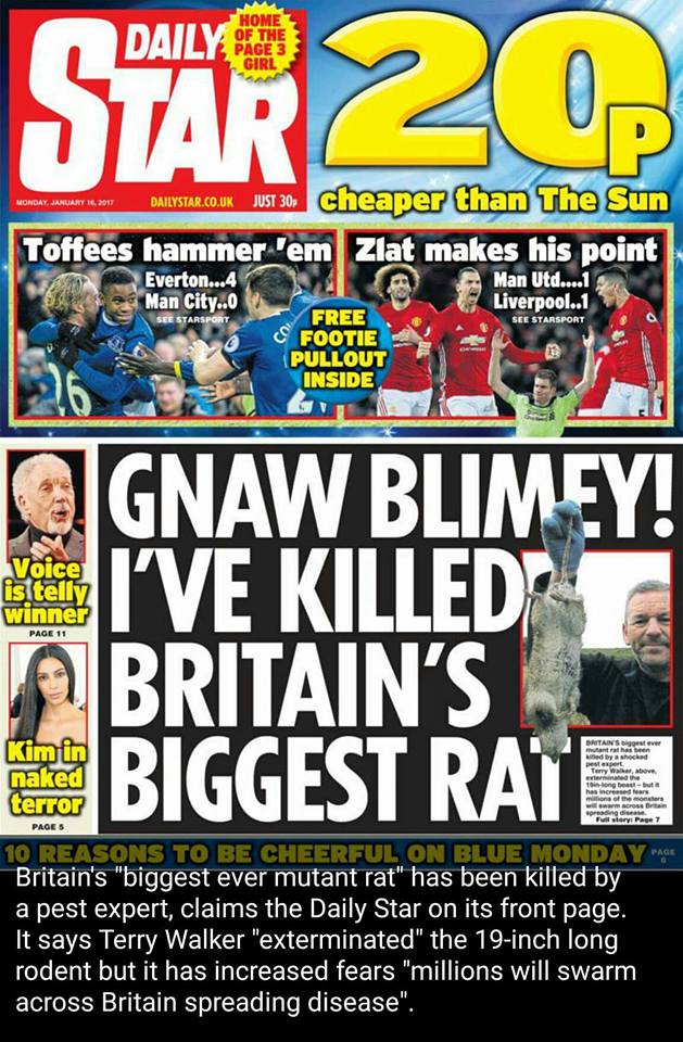 Daily Star front page showing Britain's Biggest Rat caught by TP Pest Control Services